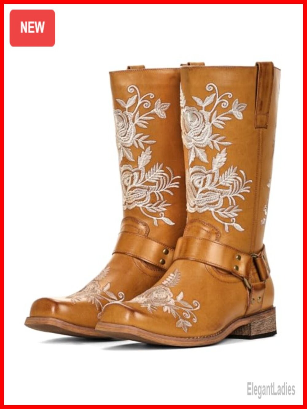 Flower Square Toe Cowboy Boots Faux Leather Mid-Calf Western Women